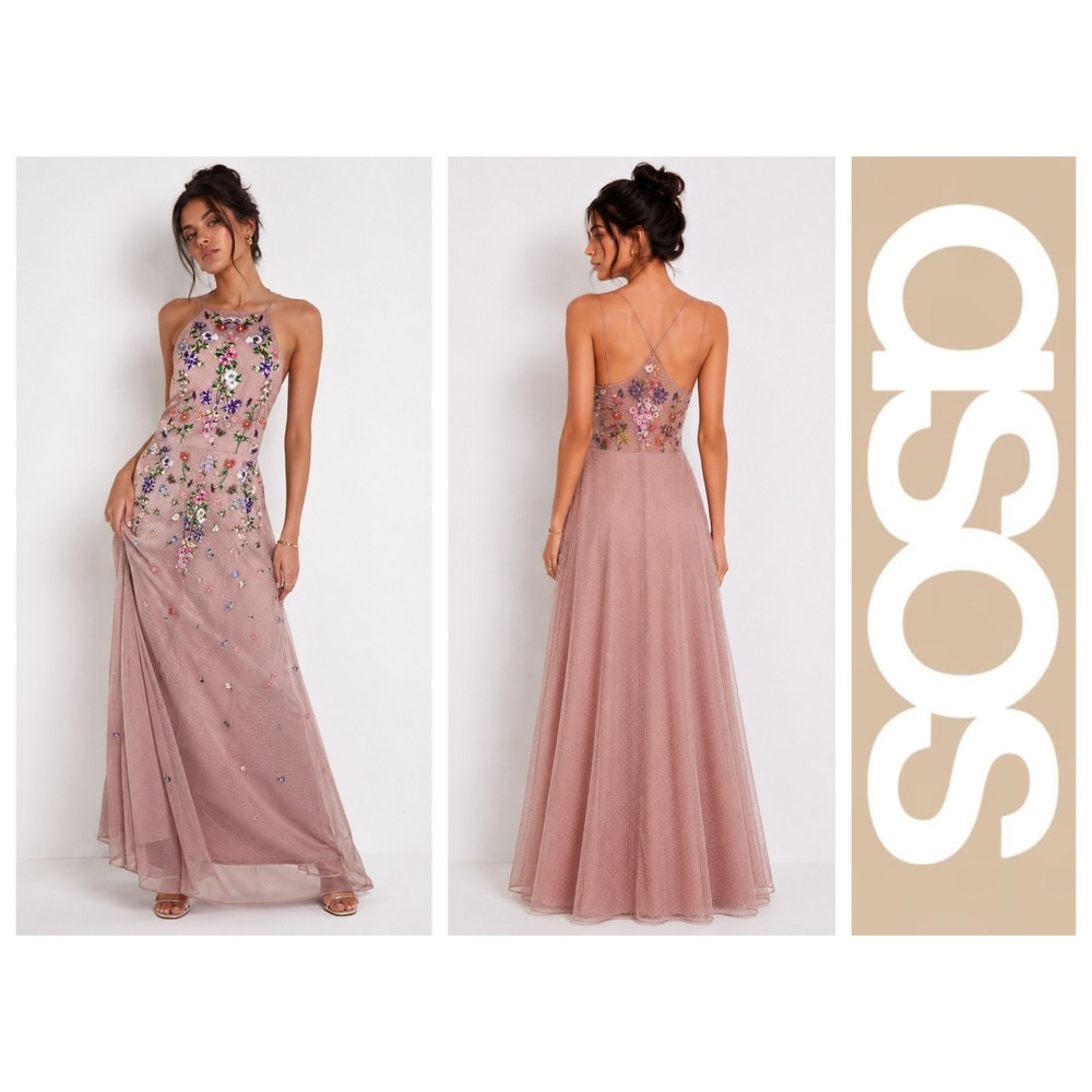 ASOS Dusty Pink Floral Embroidered Dobby Mesh Cami Strap Formal Maxi Dress 6